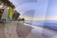 Paynes Bay at sunrise, colourful sail boats on pink sand beach, beautiful West Coast, Barbados, West Indies, Caribbean
