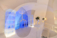 Sorrisniva Igloo Hotel, ice hotel, striking sculpture, chapel, lobby, Alta, Winter snow, Finnmark, Arctic Circle, North Norway