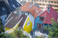 Tiled roof and colorful facades of traditional Norwegian wooden houses, Bergen city centre, Hordaland County, Norway