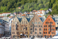 Facades of Hanseatic old buildings in Bryggen, largest commercial port of Northern Europe 14th century Bergen, Hordaland, Norway