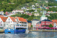 Tourist ferry moored in the harbour in the city centre of Bergen, Hordaland County, Western Fjords region, Norway
