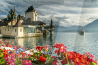Flowers framing Oberhofen Castle and Lake Thun, Canton of Bern, Switzerland