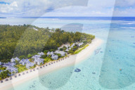 Luxury tourist resort on white sand beach, aerial view, Flic en Flac, Black River district, Indian Ocean, Mauritius (drone)