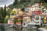 Multicoloured houses in the old town of Varenna, lake Como, Lombardy, Italy