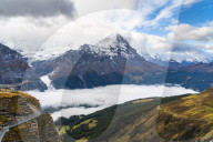 People admiring Mount Eiger from First Cliff Walk elevated walkway, Grindelwald, Bernese Oberland, Canton of Bern, Switzerland