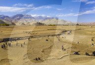 Aerial of a Buzkashi game, Yaklawang, Afghanistan (drone)