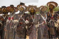 Wodaabe-Bororo men with faces painted at the annual Gerewol festival, courtship ritual competition among the Woodaabe Fula people, Niger
