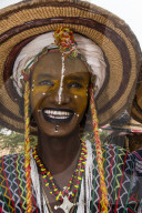 Wodaabe-Bororo man with face painted at the annual Gerewol festival, courtship ritual competition among the Woodaabe Fula people, Niger