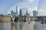 City of London skyscrapers with Millennium Bridge and River Thames, London, England