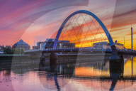 Clyde Arc (Squinty Bridge) at sunset, Glasgow, Scotland, United Kingdom, Europe.
