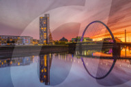 Clyde Arc (Squinty Bridge) at sunset, River Clyde, Glasgow, Scotland, United Kingdom, Europe.