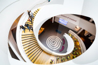 The spiral staircase in the Museum of Liverpool that forms part of the famous waterfront along the River Mersey.