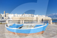 Old boat with the italian old town in the background. Monopoli, Apulia, Italy, Europe.