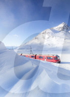 Bernina Express transit along Lago Bianco during winter blizzard ,Bernina Pass, Engadin, Graubunden canton, Switzerland, Europe.
