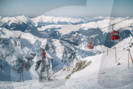 Red ski lifts at La Plagne ski resort, French Alps, Tarentaise, France, Europe