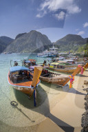 Maya Bay with long-tail boats, Phi Phi Lay Island, Krabi Province, Thailand, Southeast Asia, Asia
