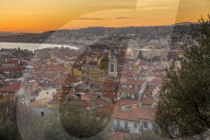 Elevated view from Castle Hill over the old town at sundown, Nice, Cote d'Azur, French Riviera, France, Mediterranean, Europe