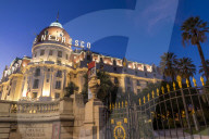 Illuminated Le Negresco Hotel building at dusk, Nice, Cote d'Azur, French Riviera, France, Europe