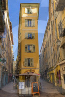 Narrow building in the old town (Vieux-Nice) near Rossetti Square, Nice, Cote d'Azur, French Riviera, France, Europe