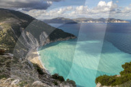 Scenic view over Myrtos Beach, Kefalonia, Ionian Islands, Greece, Europe