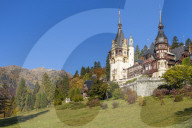 Peles Castle in the Bucegi Mountains Natural Park during autumn, Sinaia, Romania, Europe