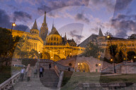 The illuminated Fisherman's Bastion at dusk, UNESCO World Heritage Site, Budapest, Hungary, Europe