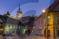 Clock Tower (Turnul cu Ceas) at dusk, Sighisoara, UNESCO World Heritage Site, Mures County, Transylvania Region, Romania, Europe