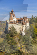 The famous Bran Castle seen from a lookout during autumn, Bran, Romania, Europe
