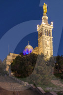 Illuminated Notre Dame de la Garde church at dusk, Marseille, Bouches du Rhone, Provence, France, Europe