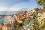 View from the Garavan Boulevard over the old town and the Sablettes beach, Menton, Cote d'Azur, French Riviera, France, Europe