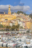 View from Vieux-Port to the old town and the Saint-Michel-Archange basilica, Menton, Cote d'Azur, French Riviera, France