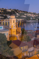 Illuminated Saint-Michel Church at dusk, Villefranche sur Mer, Alpes Maritimes, Cote d'Azur, French Riviera, France, Europe