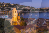 Illuminated Saint-Michel Church at dusk, Villefranche sur Mer, Alpes Maritimes, Cote d'Azur, French Riviera, France, Europe