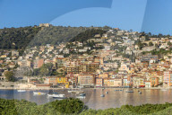 View from to the old town and Mont Alban fortress, Villefranche sur Mer, Cote d'Azur, French Riviera, France, Europe