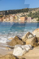 View from Les MariniÃ¨res Beach to the old town, Villefranche sur Mer, Cote d'Azur, French Riviera, France, Europe