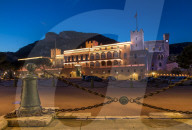 Illuminated Prince's Palace at dusk, Monaco, Cote d'Azur, French Riviera, Mediterranean, Europe