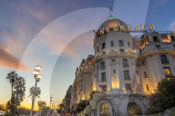 Illuminated Le Negresco Hotel building at sundown, Nice, Cote d'Azur, French Riviera, Provence, France, Mediterranean, Europe