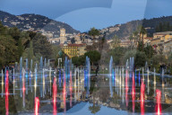 Illuminated Mirror Water Fountain at Promenade du Paillon, Nice, Cote d'Azur, French Riviera, Provence, France, Europe