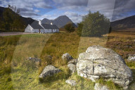 Black Rock Cottage and Buchaille Etive Mor on Rannoch Moor, Argyll and Bute, Scotland, United Kingdom, Europe