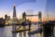 The Shard and Tower Bridge on the River Thames at night, London