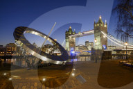 The Timepiece Sundial and Tower Bridge at sunset, St. Katharine's and Wapping, London