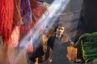 Man working in the dyer's souk, Marrakech, Morocco, North Africa, Africa
