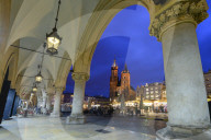 Exterior of Saint Mary's Basilica in Market Square at night, UNESCO World Heritage Site, Krakow, Poland