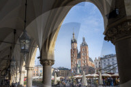 Saint Mary's Basilica in Market Square, UNESCO World Heritage Site, Krakow, Poland.