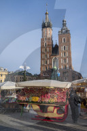 Saint Mary's Basilica with Christmas stall, UNESCO World Heritage Site, Krakow, Poland.