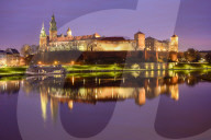 Wawel Castle, reflected in Vistula River, at night, Krakow, Poland