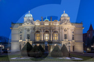 Juliusz Slowacki Theater opera house at night in Krakow, Poland
