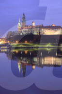 Wawel Castle reflected in the Vistula River, at sunrise, Krakow, Poland