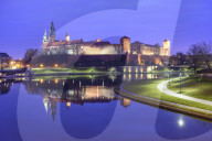 Wawel Castle reflected in the Vistula River, at night, Krakow, Poland
