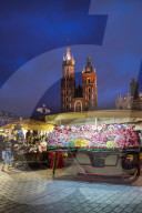Christmas markets with Saint Mary's Basilica, Market Square, Krakow, Poland